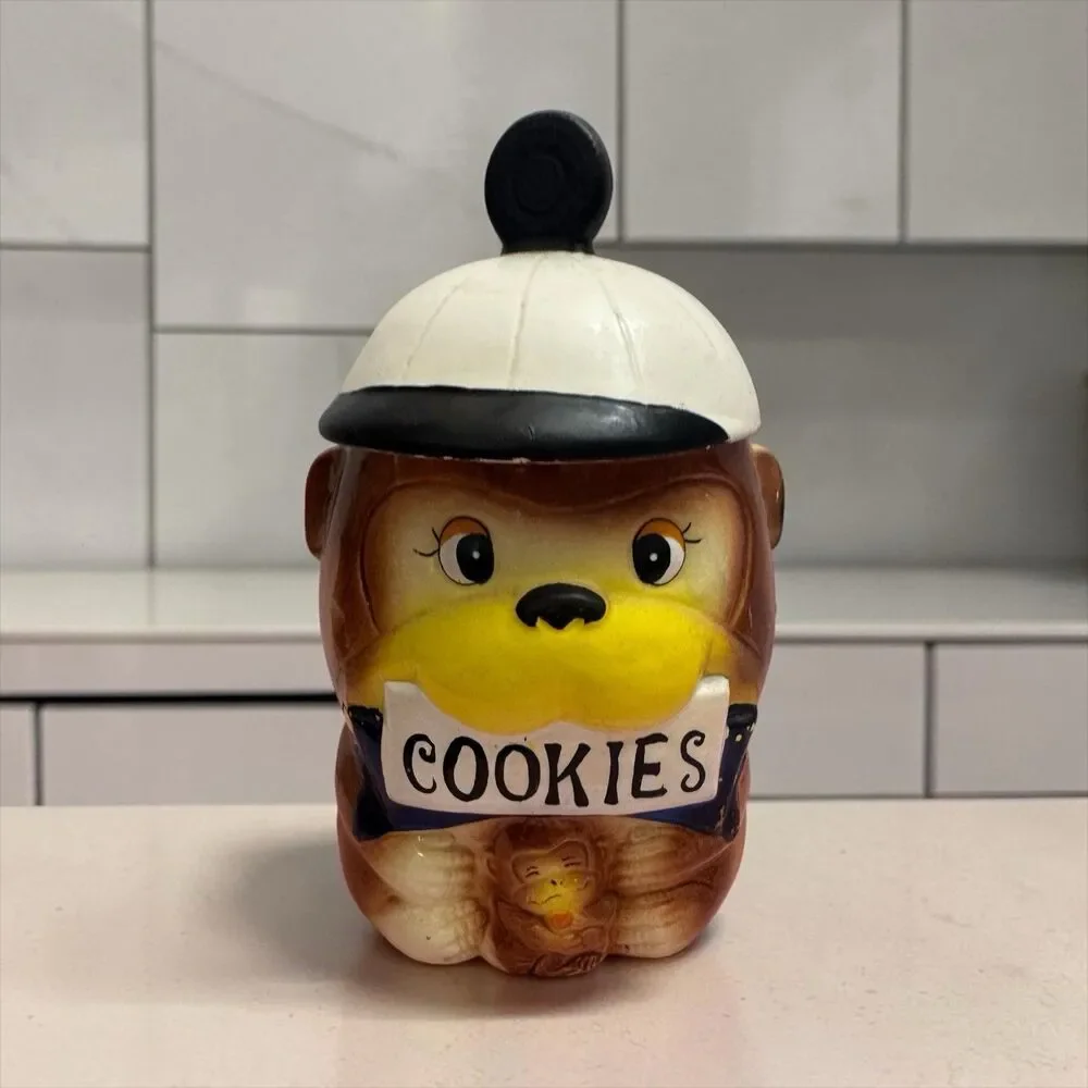 Vintage Japan Ceramic Dog Cookie Jar Holding COOKIES Sign Anthropomorphic